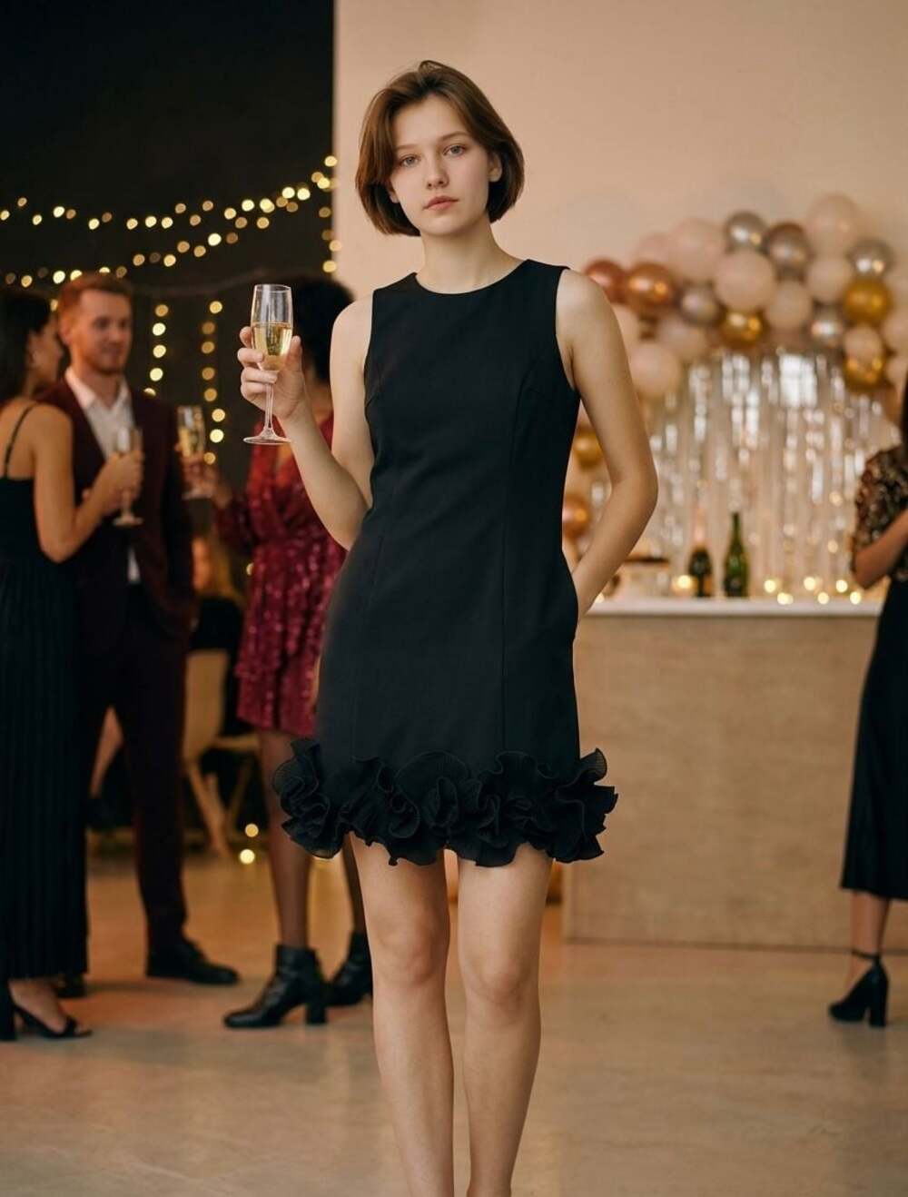Donna Ricco Black Sleeveless Ruffle Hem Cocktail Dress Size 14